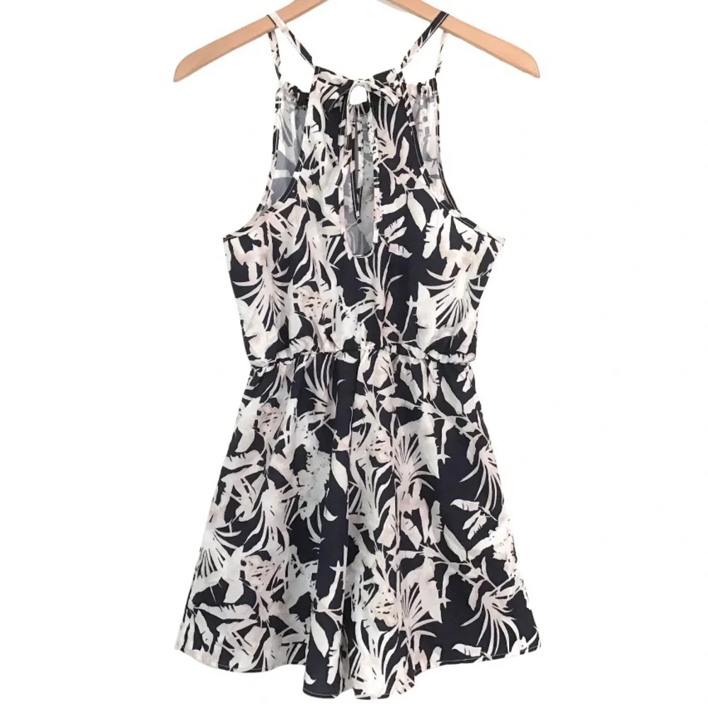 Tropical Print Romper Size S Ties Behind Neck Black & White NEW